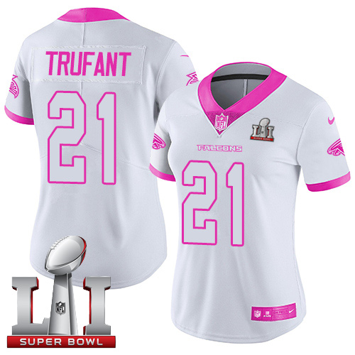 Nike Falcons #21 Desmond Trufant White/Pink Super Bowl LI 51 Women's Stitched NFL Limited Rush Fashion Jersey